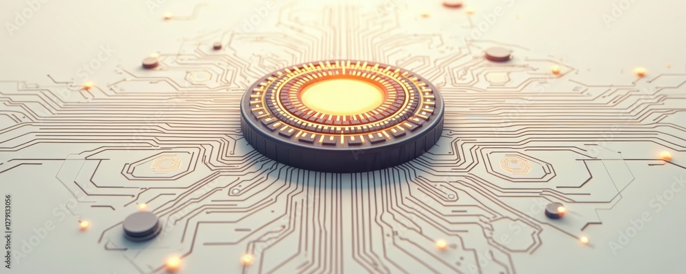 Poster illustration of artificial intelligence tech on circuit diagram. ai core lights up in center of moth