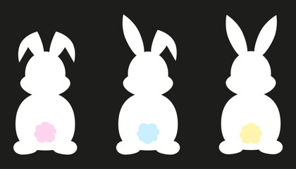 White silhouettes of Easter bunnies with colorful ponytail. Set of different rabbits silhouettes. Cutie bunnies. Vector. EPS 10