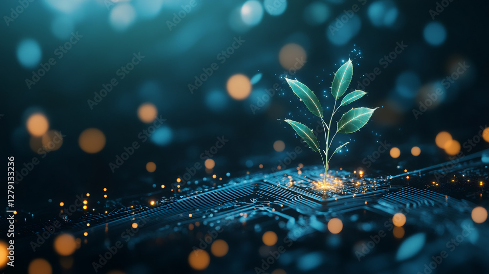Fototapete green plant growing from a microchip with glowing particles on a dark background with bokeh, represe