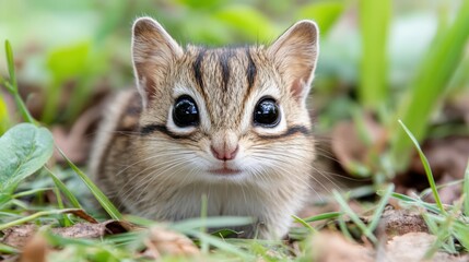 A small chipmunk sits quietly in lush green grass, blending harmoniously with its natural surroundings, embodying the essence of wildlife tranquility.
