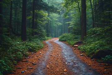 Fototapeta premium Serene Forest Path in Misty Rain