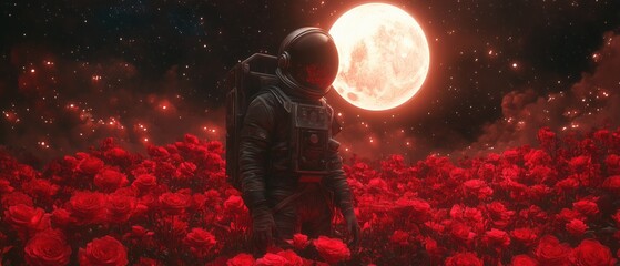 Obraz premium Fatigued Astronaut Among Red Roses Under an Alien Moon – Sci-Fi Surrealism in 4K
