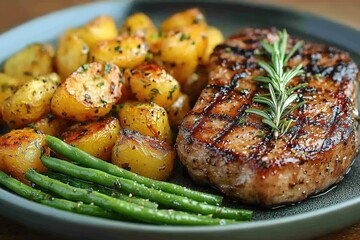 Grilled pork chop served with roasted potatoes and green beans on a plate creating a tasty and balanced meal