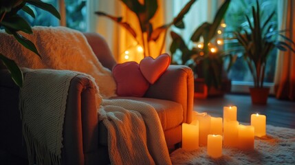 Obraz premium Romantic and Cozy Evening Atmosphere with Candles and Heart Pillows