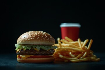 Delicious hamburger with lettuce, tomato, cheese, and meat patty, served with french fries and a soda in a red cup