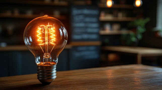 glowing vintage light bulb illuminates wooden table in cozy setting, creating warm and inviting atmosphere