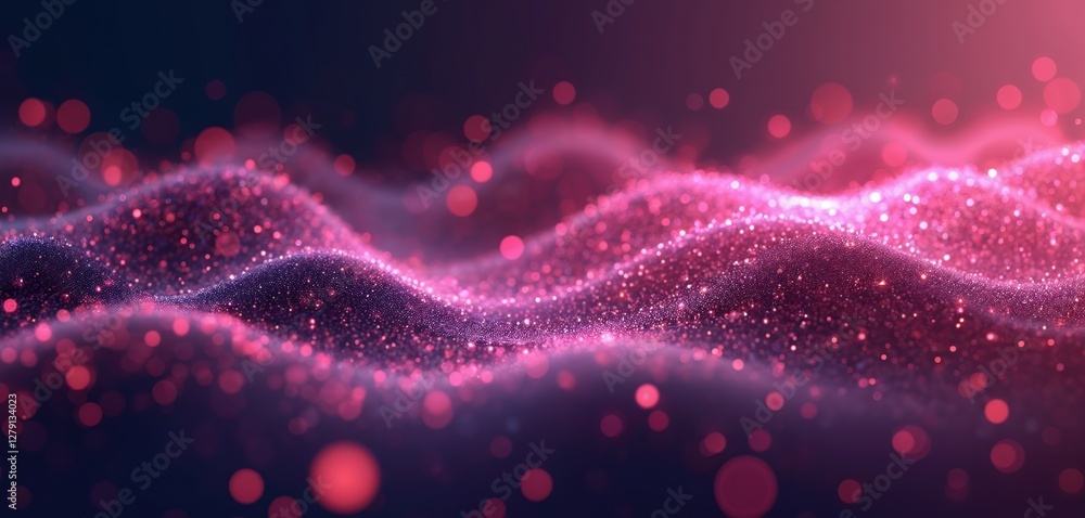 Poster abstract dark pink digital particles wave with bokeh light background. modern 3d render glowing line