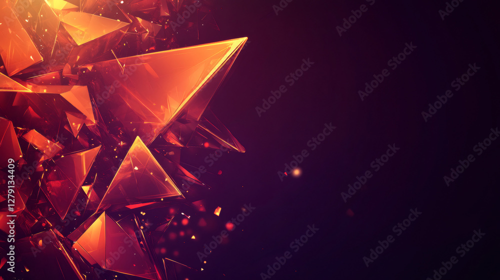 Poster Dynamic orange crystal pyramids bursting against dark backdrop, radiating glowing particles with geometric fragmentation and intense visual energy