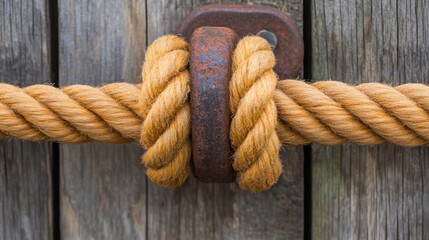 A detailed close-up view of a rope tied in a knot, resting against a rustic wooden fence, highlighting texture and craftsmanship.