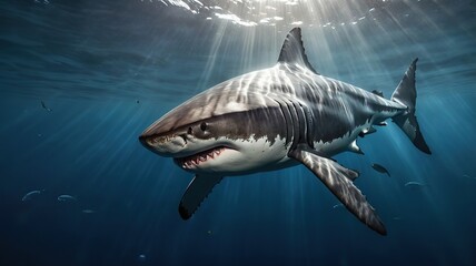 Fototapeta premium A great white shark swimming towards the camera, 3D rendering, dramatic lighting, high detail on skin texture