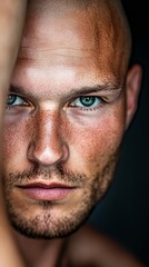 Obraz premium Close-up portrait of a bald, fair-skinned man with intense eyes. Moody lighting and a dramatic pose.