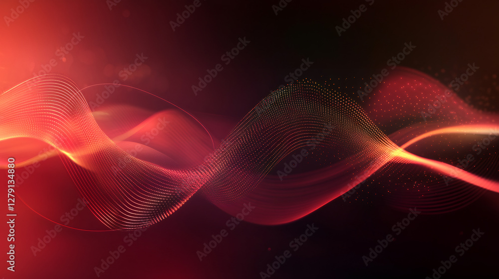 Poster Abstract red digital wave of glowing particles flowing on dark background is a perfect design element for technology and science projects