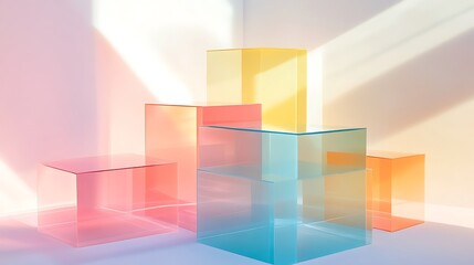 there are three different colored glass cubes in a room