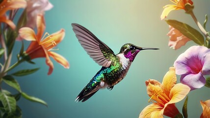 A hummingbird hovering near a flower, detailed 3D rendering, iridescent colors, slow-motion effect