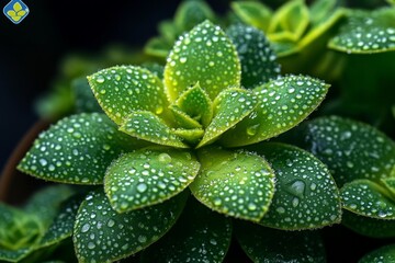 Close-up of a fresh green succulent plant covered in morning dew