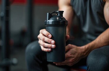 Close up shot of man at gym holding dark protein shaker. Bodybuilder during strength training. Fitness healthy lifestyle concept. Hydration after workout session. Supplement product.