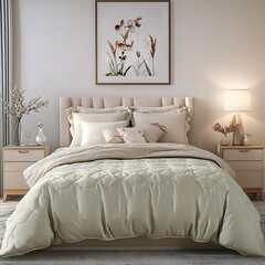 there is a bed with a beige comforter and a white pillow