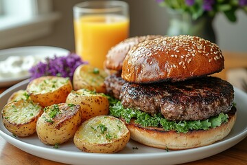 Delicious burger with potato sides accompanied by orange juice and a flower decoration on a wooden table indoors