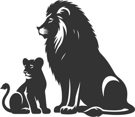 A lion cub sitting calmly next to its mother vector animal silhouette