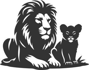 Naklejka premium A lion cub sitting calmly next to its mother vector animal silhouette