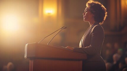 Woman Speaking at a Podium in a Warmly Lit Conference Setting
