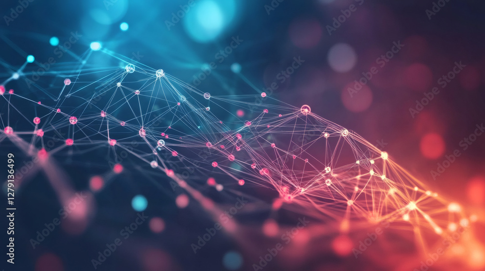 Aufkleber Glowing digital network nodes interconnecting, forming complex technological structure with blurred bokeh background and shallow depth of field