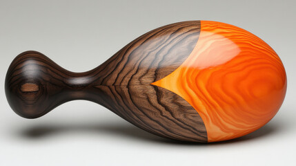 beautifully crafted wooden paddle featuring striking orange and dark wood design, showcasing fine craftsmanship and artistic flair