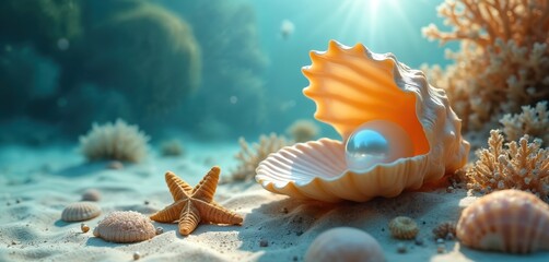 Underwater shot of pearl inside shell on sandy sea bottom with starfish. Sea fauna, corals and sun rays, marine nature and wildlife. Wealth, beauty, luxury or decoration themes.