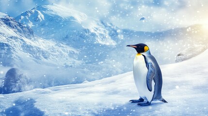 Fototapeta premium stock photo of a penguin walking with iced mountain background