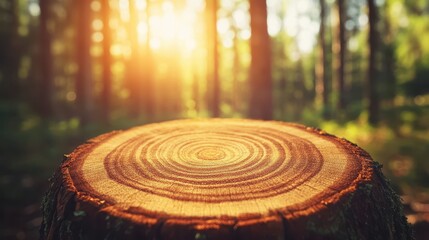 Naklejka premium A close-up view of a tree stump illuminated by sunlight filtering through surrounding trees, showcasing nature's intricate details and textures.