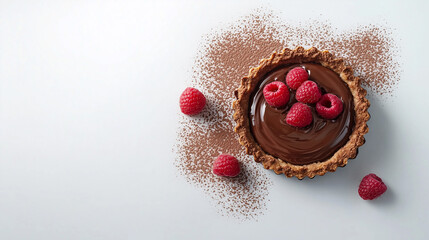 Chocolate tart with rich ganache filling, topped with fresh raspberries and dusted with cocoa powder