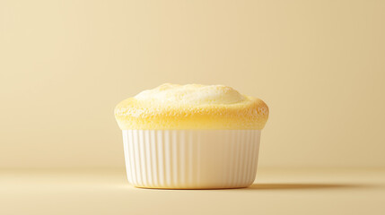 Delicate lemon souffle with golden zest and creamy interior, soft background.