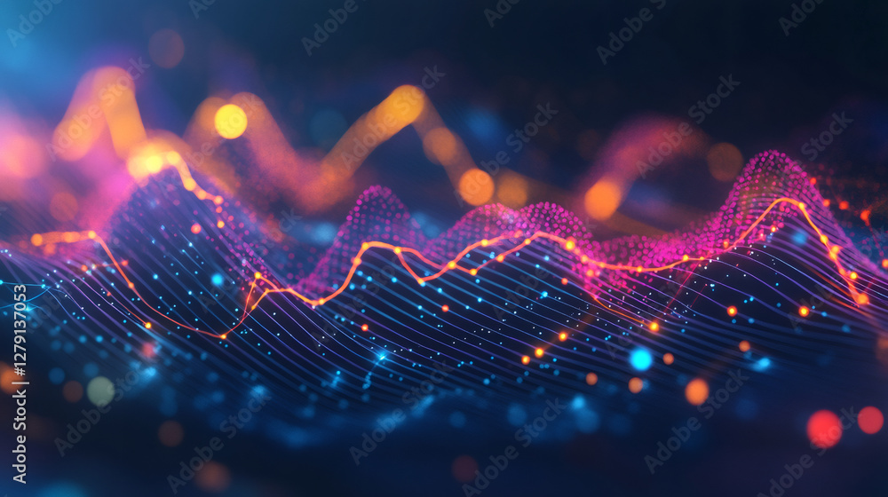 Poster Digital waveform glowing with colorful lines, pulsing dynamic data visualization highlighting technological connectivity and flow