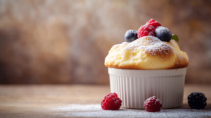 Fluffy golden souffle in small cups, sprinkled with powdered sugar and fresh berries. Soft.