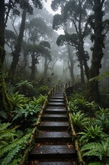 Obraz premium Misty rainforest pathway leading through lush greenery and ancient trees