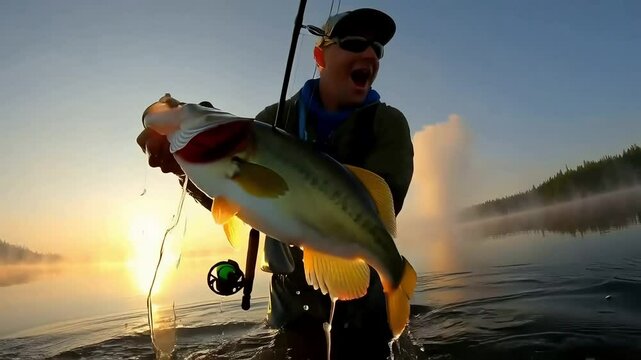 Adult White man catching largemouth bass at sunrise
