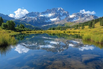 Fototapeta premium Majestic Alpine Lake Reflecting Snow-Capped Peaks