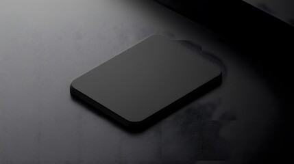A sleek black object sitting on a dark colored surface