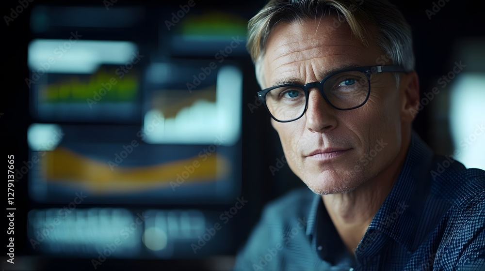 Poster professional businessman analyzing data in modern office setting