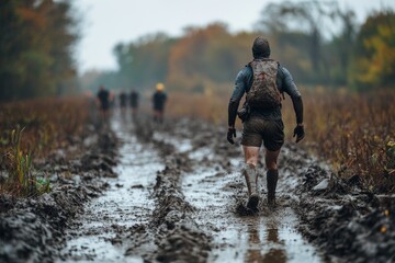 Man walking on a muddy rural path with a backpack under cloudy sky