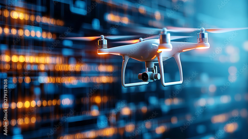 Poster high-tech drone flying against a backdrop of glowing digital data streams representing technology in