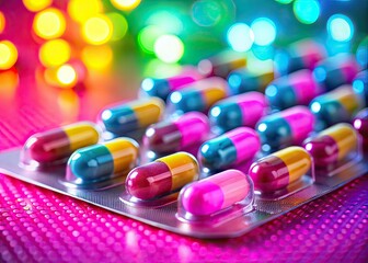 Colorful Pills in Blister Pack - Panoramic Pink Background - AI Photo