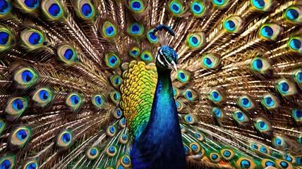 Obraz premium A vibrant peacock spreading its feathers, hyper-realistic 3D rendering, intricate details on feathers