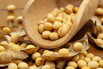 Detalhe de concha de madeira com gr&atilde;os de soja sobre uma mesa de madeira com v&aacute;rios gr&atilde;os de soja espalhados.