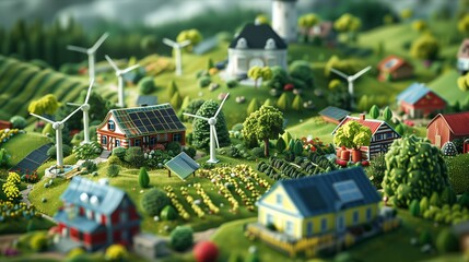 A vibrant miniature village showcasing renewable energy sources and green landscapes.