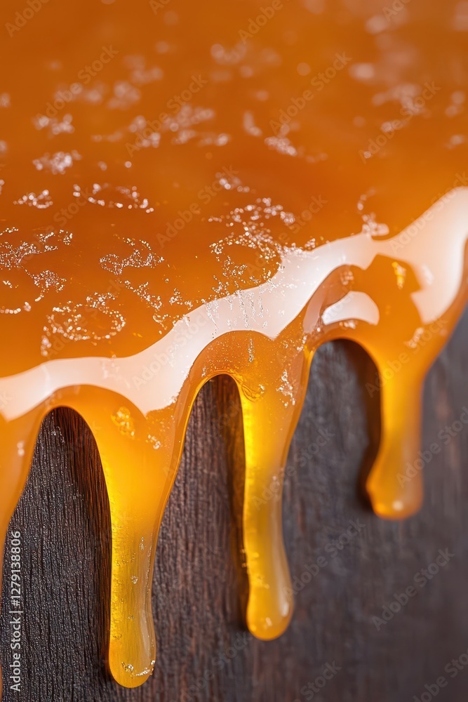 Poster melted wax drippings on dark wood create a slow motion abstract effect with glossy textures that mes