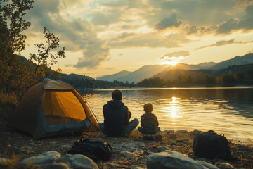 Two adventurers enjoy a serene evening by the lakeside as the sun sets behind the mountains and casts golden reflections on the water