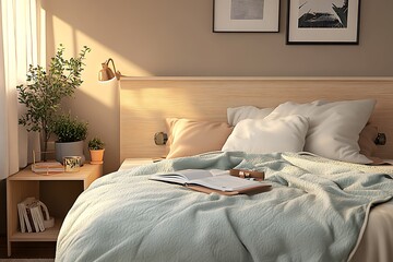 there is a bed with a blue blanket and a book on it