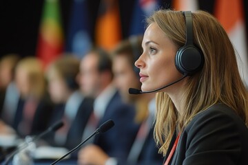 Female interpreter translating during an international conference