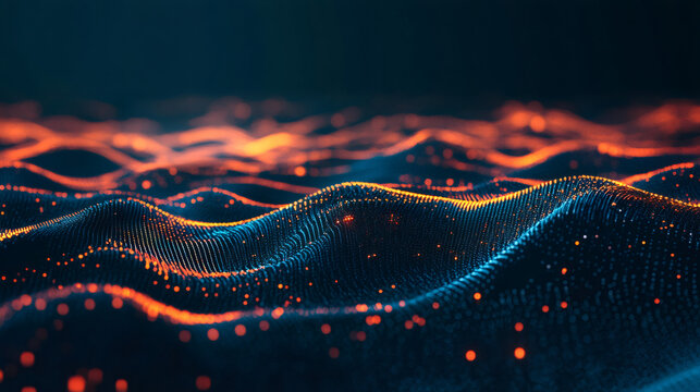 Vibrant orange, blue particles swirling, generating dynamic wave-like surface with soft depth of field highlighting color intensity